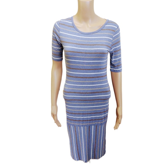 EUC LuLaRoe Julia Dress Soft Blue/Brown/White Striped Skirt Rayon/Spandex XS - Picture 3 of 10